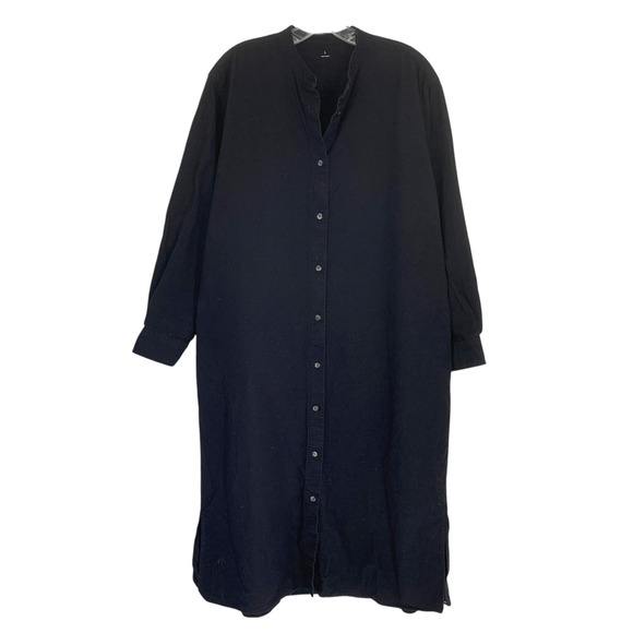 Muji Sz L Black Brushed Cotton Button Front Shirt Dress Pockets Boxy Minimalist - Picture 2 of 5